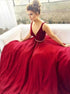 A Line Burgundy V Neck Chiffon Beadings Prom Dress LBQ2583