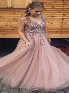 A Line V Neck Beaded Tulle Pink Prom Dresses