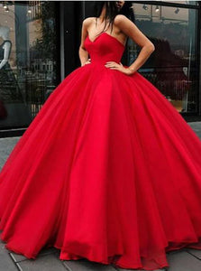 Sweetheart Ball Gown Floor Length Red Tulle Prom Dresses