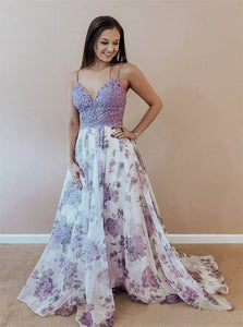 A Line Floral V Neck Chiffon Appliques Prom Dresses