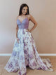 A Line Floral V Neck Chiffon Appliques Prom Dresses