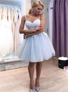 Blue Tulle Lace Sweetheart Above Knee Spaghetti Straps Prom Dresses