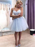 Blue Tulle Lace Sweetheart Above Knee Spaghetti Straps Prom Dress LBQ1787