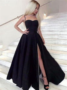 A Line Black Satin  Side Slit Floor Length Prom Dresses