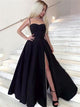 A Line Black Satin  Side Slit Floor Length Prom Dresses