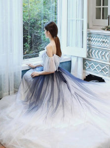 A Line Spaghetti Straps Tulle Blue Prom Dresses 