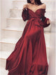 A Line Off the Shoulder Dark Red Long Sleeve Satin Prom Dress LBQ3003
