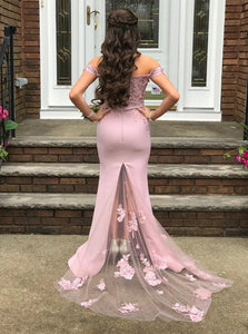 Mermaid Off Shoulder Lace Appliques Pink Satin Prom Dress LBQ2661