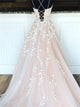 Sweep Train Pink Lace Up Evening Dresses