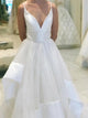 A Line V Neck White Organza Prom Dress with Ruffles 