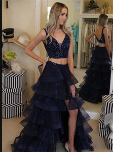 A Line Beaded Navy Blue Side Slit Two Pieces Tulle Prom Dresses 