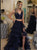 A Line Beaded Navy Blue Side Slit Two Pieces Tulle Prom Dresses 