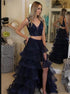 A Line Beaded Navy Blue Side Slit Two Pieces Tulle Prom Dresses LBQ2533