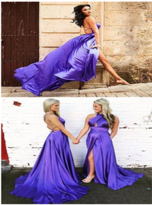 Sweep Train Purple Slit Evening Dresses