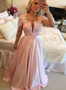 Scoop Floor Length Appliques Satin Long Sleeves Prom Dress