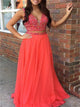 A Line Red Sleeveless Prom Dresses with Sweep Train