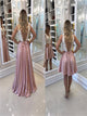 A Line Satin and Lace Pink Prom Dresses with Bow Knot