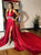 A Line Deep V Neck Beadings Satin Prom Dresses with Split