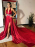A Line Deep V Neck Beadings Satin Prom Dress with Split LBQ0696