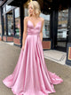 A Line Spaghetti Straps V Neck Pink Satin Prom Dresses