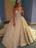 Champagne Lace A Line Sweetheart Satin Sweep Train Prom Dresses LBQ2216