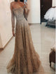 Sweep Train Sequins Golden Tulle Prom Dresses