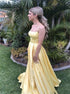 A Line Spaghetti Straps Satin Yellow Pleats Prom Dress LBQ2236