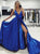 A Line Deep V Neck Satin Blue Prom Dresses with Slit