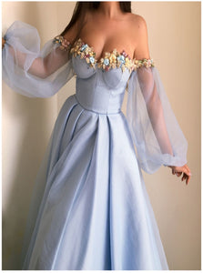 A Line Blue Satin Pleats Prom Dresses with Long Sleeves 