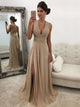 A Line V Neck Criss Cross Straps Chiffon Prom Dresses with Beadings