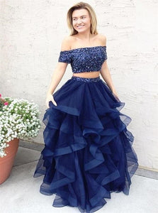 A Line Two Piece Navy Blue Beaded Tulle Ruffles Prom Dresses