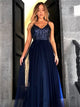 A Line Spaghetti Straps Tulle Sequins Backless Prom Dresses