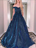 A Line Blue Off the Shoulder Satin Shimmering Prom Dress LBQ2295