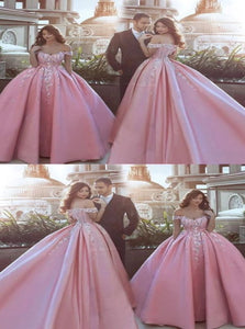 Pink Off the Shoulder Ball Gown Appliques Satin Prom Dresses