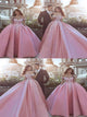 Pink Off the Shoulder Ball Gown Appliques Satin Prom Dresses