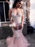 Rhinestones Pink Mermaid Spaghetti Straps V Neck Tulle Prom Dress LBQ1679