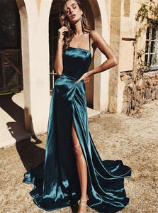 Straps Dark Green Satin Prom Dresses with Slit