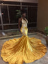 Mermaid V Neck Appliques Satin Golden Prom Dresses LBQ3189