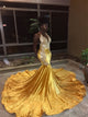 Mermaid V Neck Appliques Satin Golden Prom Dresses