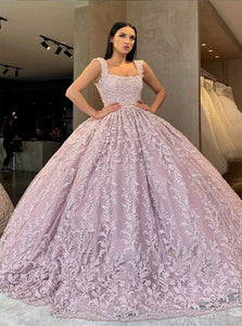 Ball Gown Dusty Pink Lace Square Neck Prom Dress