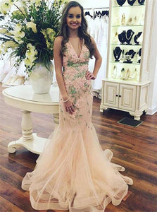 Mermaid V Neck Appliques Tulle Pink Prom Dresses