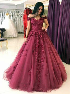 Ball Gown Off the Shoulder Sweep Train Dark Red Tulle Prom Dresses