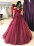 Ball Gown Off the Shoulder Sweep Train Dark Red Tulle Prom Dress with Appliques LBQ2927