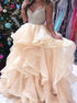 A Line Spaghetti Straps  Beadings Ruffles Prom Dresses LBQ1582