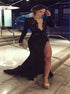 A Line Black Long Sleeves Deep V Neck Lace Prom Dress with Slit LBQ2907