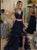 Sweep Train Blue Evening Dresses with Slit and Beadings