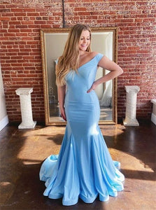Mermaid V Neck Blue Satin Prom Dresses