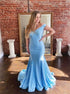 Mermaid V Neck Blue Satin Prom Dress LBQ2564