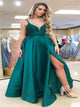 A Line Green Spaghetti Straps Satin Prom Dress with Slit 