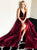 A Line V Neck Burgundy Chiffon Prom Dresses with Slit